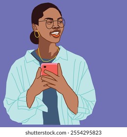 An African American lady with a mobile phone wearing glasses