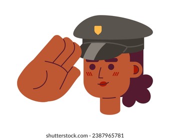 Policía afroamericana saluda ilustración de avatar vectorial 2D. Caricatura del personaje de la policía negra en la cara. Imagen de perfil de usuario de color plano del funcionario público aislado en fondo blanco