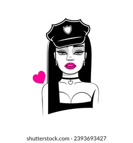 African american lady police officer saluting black and white 2D vector avatar illustration. Black policewoman outline cartoon character face isolated. Civil servant flat user profile image, portrait