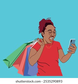 Una mujer afroamericana de compras que parece emocionada con sus mensajes de teléfono móvil como si acabara de recibir una alerta de crédito mientras usaba gafas