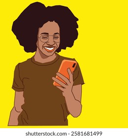 An African American lady smiling happily as she reads her phone emails, exuding joy and positivity in a relaxed and modern setting.