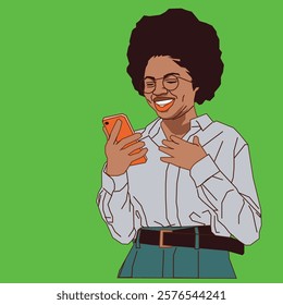 An African American lady with stunning Afro hair, smiling warmly as she holds her phone, exuding positivity and charm in a casual and inviting setting.