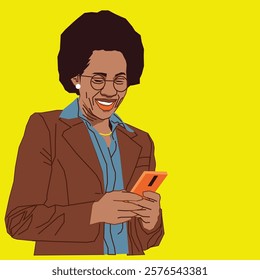 An African American lady with stylish Afro hair wearing a sleek brown suit, holding her phone and checking it with a focused yet approachable expression, set in a professional and modern environment.