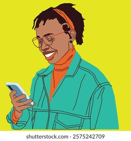 An African American lady in a stylish green jacket smiles warmly as she checks an alert on her phone. She exudes positivity and confidence in a casual setting.