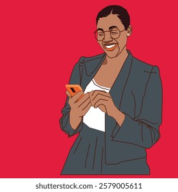 An African American lady with stylish low-cut hair, attentively checking her messages on her phone, exuding confidence and focus in a modern setting.