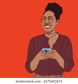 An African American lady wearing a brown shirt, is focused as she presses her cell phone screen, exuding a calm and relaxed demeanor in a casual setting.