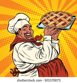 African American or Latino cook with a berry pie, pop art retro vector illustration