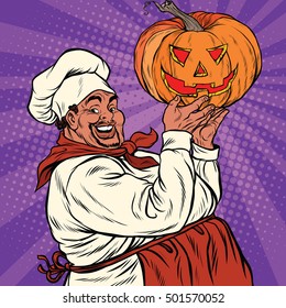 African American or Latino cook with a Halloween pumpkin, pop art retro vector illustration