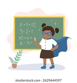 African american little kid solving math problem on blackboard. Funny girl wearing super hero costume. Cute schoolgirl student writing with chalk math equation solution on the chalkboard. flat vector