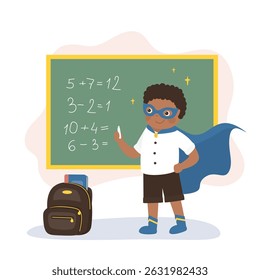 African american little kid solving math problem on blackboard. Funny boy wearing super hero costume. Handsome schoolboy student writing with chalk math equation solution on chalkboard. flat vector