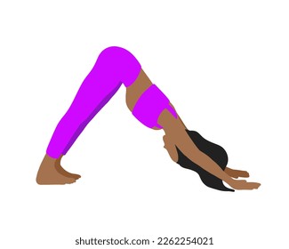 African American longhair woman. Yoga pose in cartoon flat style. Female woman girl. Vector illustration in cartoon flat style isolated on white background.