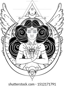 African American magic woman holding all seeing eye with rays. Vector Illustration. Mysterious black girl over sacred geometry symbols and wings. Alchemy, religion, spirituality, occultism, tattoo art