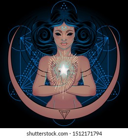 African American Magic Woman Holding All Seeing Eye With Rays. Vector Illustration. Mysterious Black Girl Over Sacred Geometry Symbols And Wings. Alchemy, Religion, Spirituality, Occultism, Tattoo Art