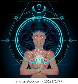 African American magic woman holding all seeing eye with rays. Vector Illustration. Mysterious black girl over sacred geometry symbols and wings. Alchemy, religion, spirituality, occultism, tattoo art