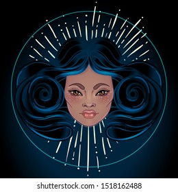 African American magic woman holding all seeing eye with rays. Vector Illustration. Mysterious black girl over sacred geometry symbols and wings. Alchemy, religion, spirituality, occultism, tattoo art