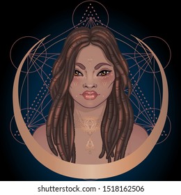 African American magic woman holding all seeing eye with rays. Vector Illustration. Mysterious black girl over sacred geometry symbols and wings. Alchemy, religion, spirituality, occultism, tattoo art