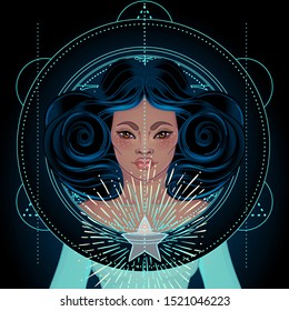 African American magic woman holding all seeing eye with rays. Vector Illustration. Mysterious black girl over sacred geometry symbols and wings. Alchemy, religion, spirituality, occultism, tattoo art