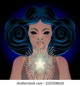 African American magic woman holding all seeing eye with rays. Vector Illustration. Mysterious black girl over sacred geometry symbols and wings. Alchemy, religion, spirituality, occultism, tattoo art