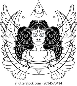 African American magic woman holding all seeing eye with rays. Vector Illustration. Mysterious black girl over sacred geometry symbols and wings. Alchemy, religion, spirituality, occultism, tattoo art