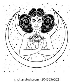 African American magic woman holding all seeing eye with rays. Vector Illustration. Mysterious black girl over sacred geometry symbols and wings. Alchemy, religion, spirituality, occultism, tattoo art