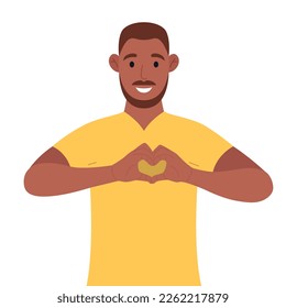 African american making or gesturing heart symbol with fingers. Vector illustration.