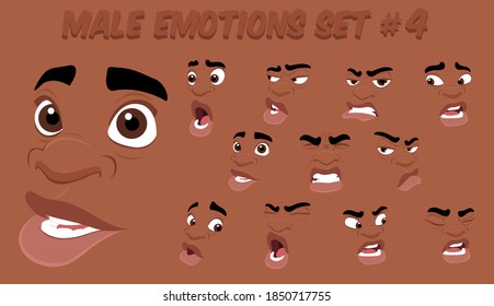 African American Male abstract cartoon face expression variations  emotions collection set #4  vector illustration