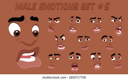 African American Male abstract cartoon face expression variations  emotions collection set #5  vector illustration