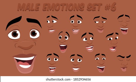 African American Male abstract cartoon face expression variations  emotions collection set #6  vector illustration