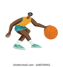 African American male basketball player getting ready to shoot with ball, legs crossed. Vector illustration for basketball team, school, or tournament.