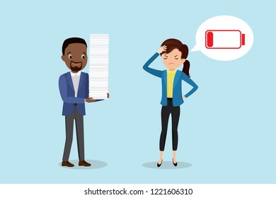 African american male boss with paper stack and tired employee caucasian female with red low battery,funny business illustration,flat vector design