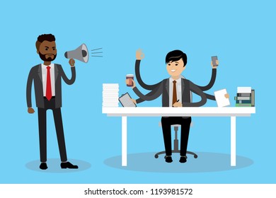 African american male boss screams into a megaphone and Successful multitasking asian businessman on workplace,flat  office worker or employee male,flat vector illustration