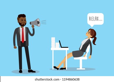 African american male boss screams into a megaphone and Tired Caucasian Businesswoman or office worker,big pile of papers, cartoon vector illustration