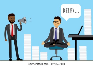 African american male boss screams into a megaphone and Office worker or businessman relaxes and meditates in the lotus position on workplace, flat vector illustration