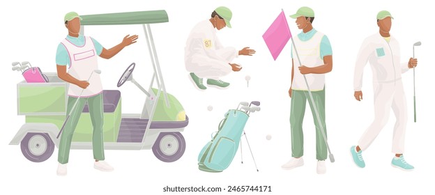 African American male caddie golf club staff, golf cart, caddy man with flag, golf ball, clubs, golf bag