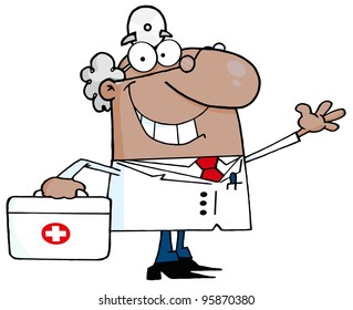 African American Male Doctor With A First Aid Kit Waving.Vector Illustration