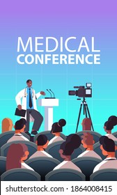 African American Male Doctor Giving Speech At Tribune With Microphone Medical Conference Medicine Healthcare Concept Lecture Hall Interior Vertical Vector Illustration