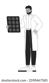 African american male doctor holding brain scan report black and white 2D line character. Black man neurologist in white coat isolated vector outline person. Monochromatic spot illustration