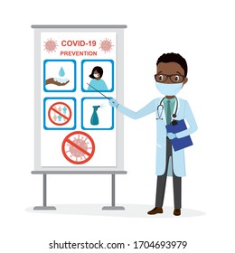 African american male doctor warn about coronavirus pandemic. Cartoon man medical worker, prevention covid-19. Wear mask, wash hands thoroughly, stay home, disinfection. Flat vector illustration