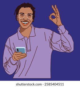 An African American male with dreadlock looking happy holding a cell phone