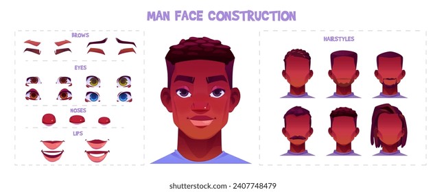 Constructor facial afroamericano ambientado para avatar del juego. Dibujo vectorial de la cabeza de un joven de piel negra, cejas, ojos, nariz, boca, colección de peinados aislados en fondo blanco