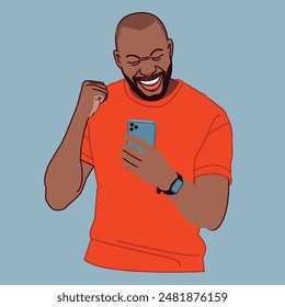 African American male happy with his mobile phone 