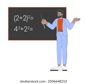 African american male math teacher 2D cartoon character. Black man mathematician pointing blackboard isolated flat vector person white background. Mathematics professor color spot illustration