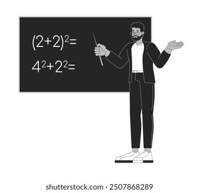 African american male math teacher black and white 2D line cartoon character. Black man mathematician blackboard isolated vector outline person. Mathematics professor monochromatic spot illustration