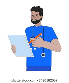 African american male nurse checkup medical 2D linear cartoon character. Black doctor monitoring patient health isolated line vector person white background. Hospital color flat spot illustration