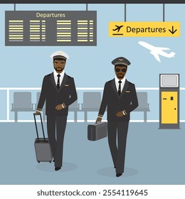 African american male pilot and co-pilot walks on an airport with luggage, departure board, cartoon vector illustration