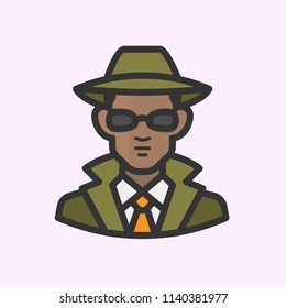 African American male private detective in hat, trench coat, and glasses