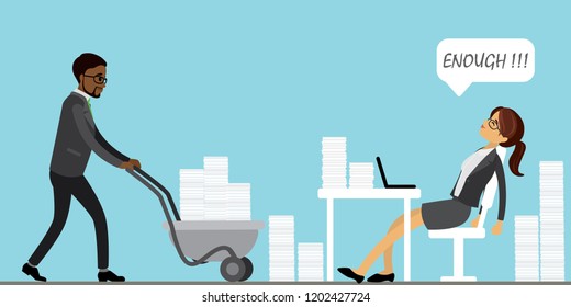 African american male rolls a wheelbarrow with stacks of papers and Office worker or businesswoman tired on workplace,stress and overwork concept, flat vector illustration