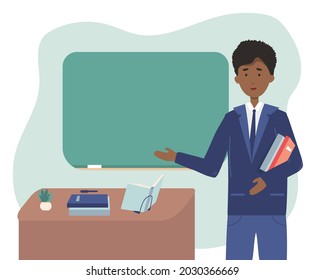 African american male school or university teacher or professor standing next to classroom chalkboard at blackboard in classroom. Teacher teacher showing on board. Vector illustration, flat