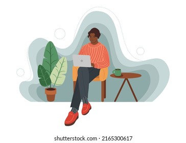 African American male sitting in café with his laptop, working or studying. Flat vector illustration with abstract background