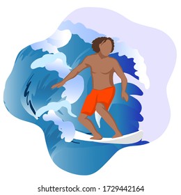 African american male surfing in the sea or ocean on a white background. Colorful flat cartoon vector illustration. Perfect for banner or poster.